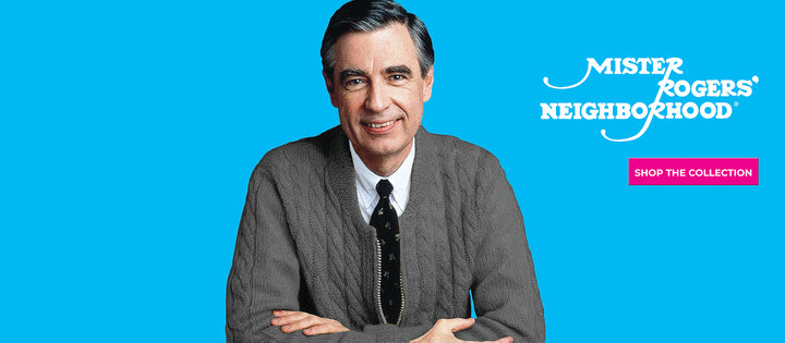 Image of Fred Rogers along with Mister Rogers' Neighborhood logo as intro to his books, magnets and stickers from Papersalt