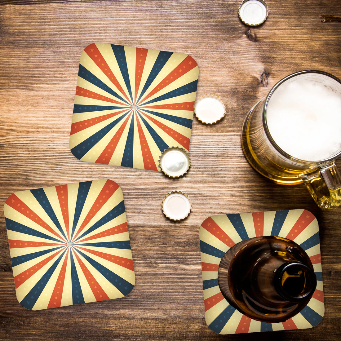 Red White and Blue Starburst Pattern Paper Coaster Set