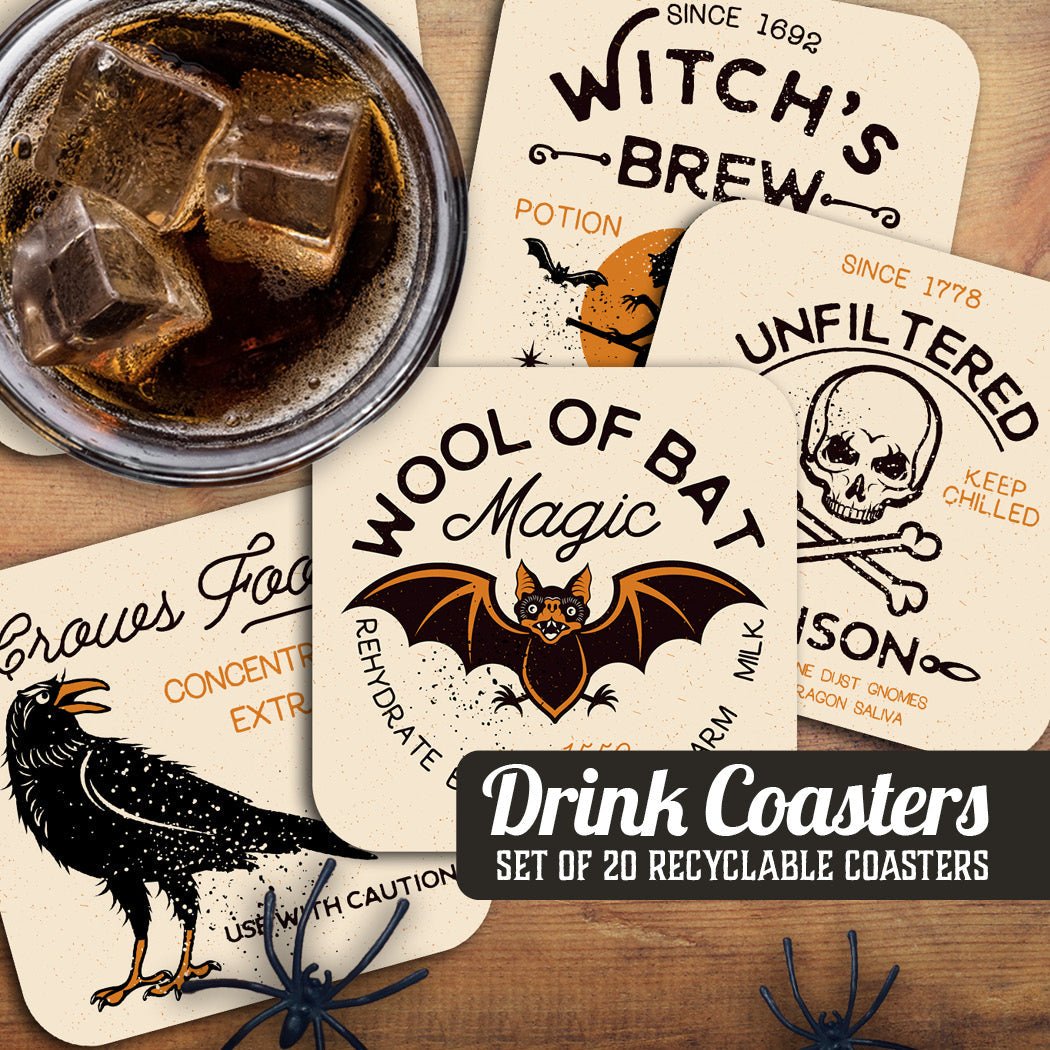 Witch, Poison, Bat, Crow Assorted Halloween Coaster Set