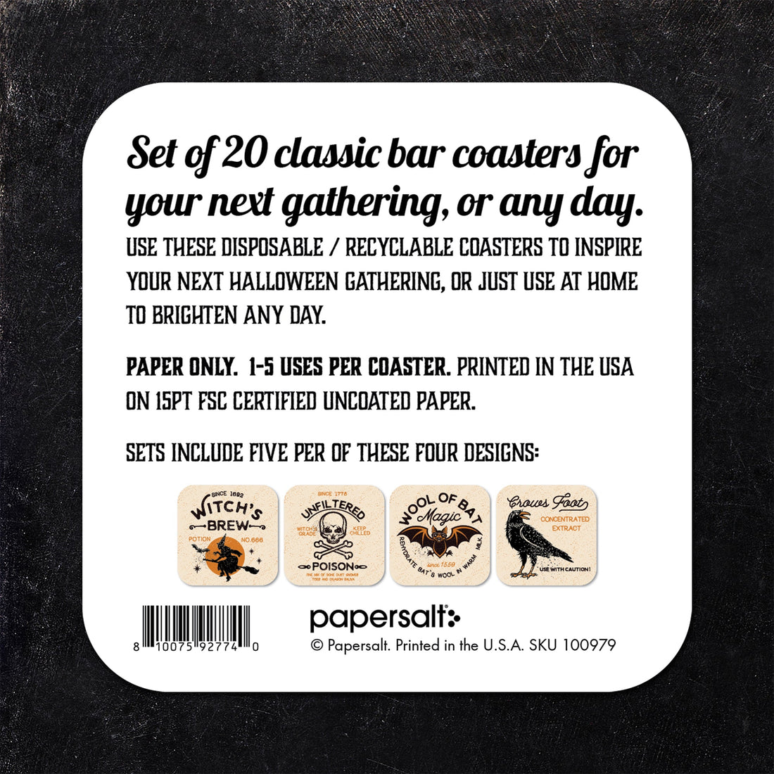 Witch, Poison, Bat, Crow Assorted Halloween Coaster Set