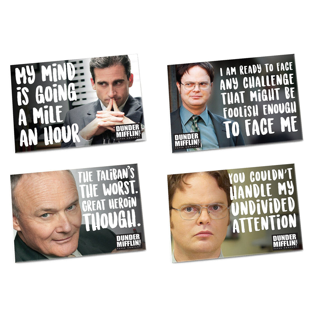 Four The Office-themed magnets features Michael Scott, Dwight Schrute, and Creed Bratton. 