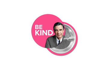 mister rogers button with his image and quote be kind