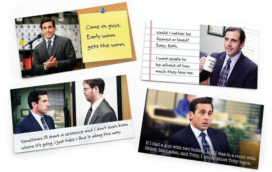 An image of quotes and imagery from our Michael Scott “Wisdom Notes” mini quote notebook.