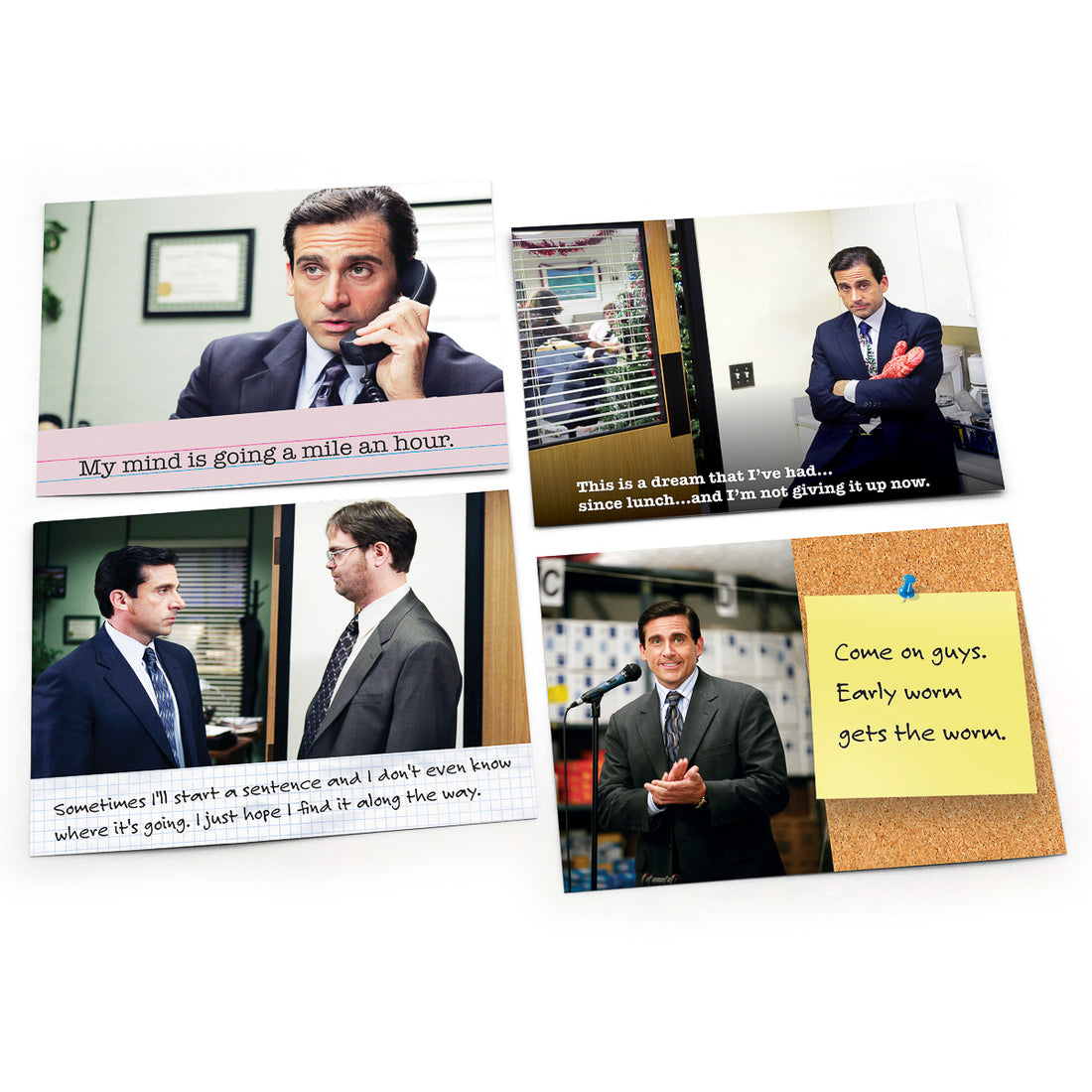 An image of quotes and imagery from our Michael Scott “Wisdom Notes” large quote notebook. 